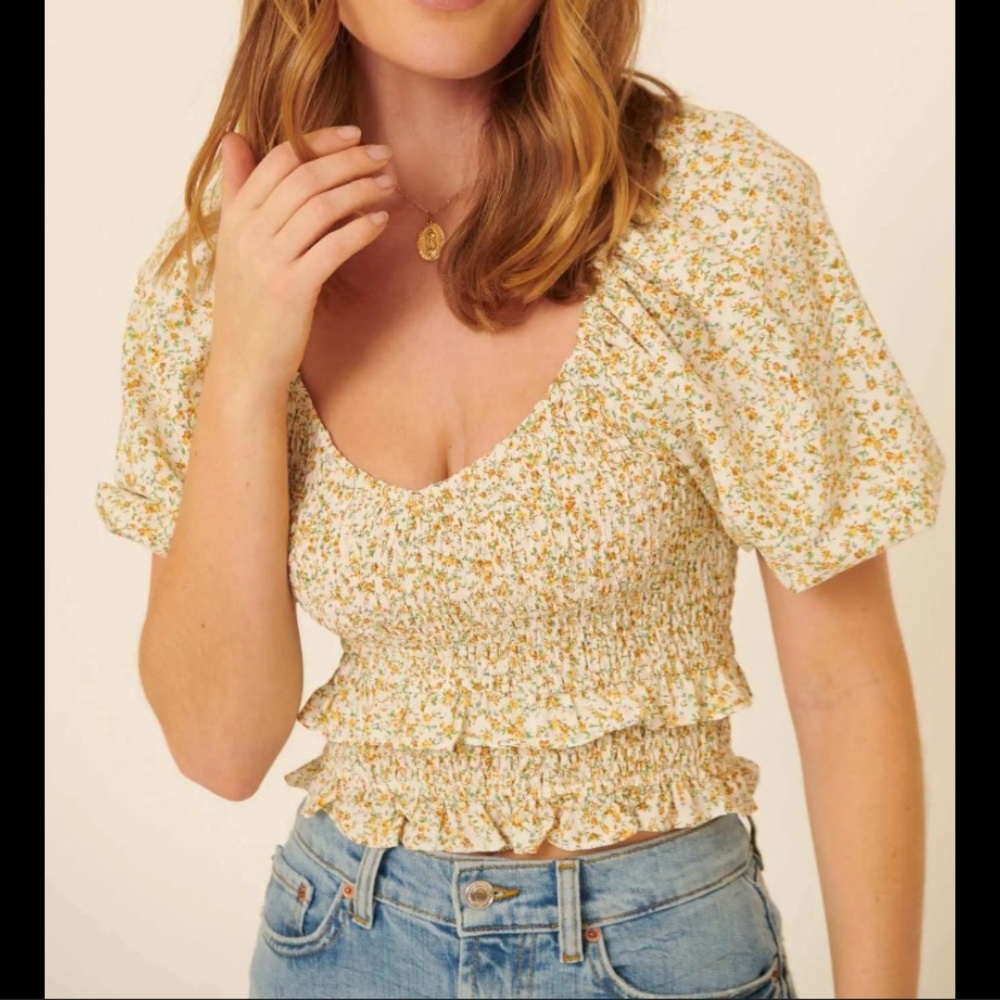 Altar'd State Ditsy Floral Puff Sleeve Smocked Blouse Top Shirt Large L